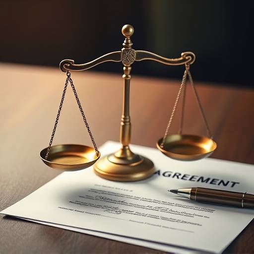 Symbole représentant un accord légal, avec une balance de la justice et un document signé