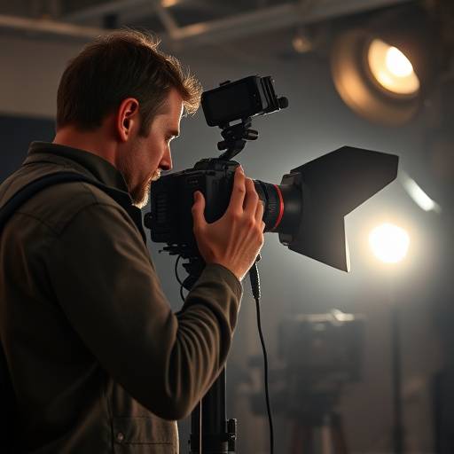 Un directeur de la photographie ajustant l'éclairage sur un plateau de cinéma, avec divers équipements autour