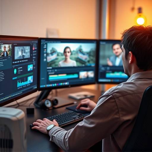 Une personne travaillant sur un logiciel de montage vidéo sur un ordinateur, avec plusieurs écrans affichant la timeline et les effets