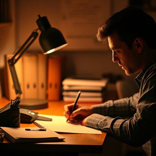 Une personne écrivant un scénario à un bureau, éclairé par une lampe de bureau