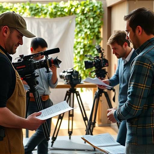 Une équipe de production discutant et planifiant un tournage, avec des documents et des équipements autour