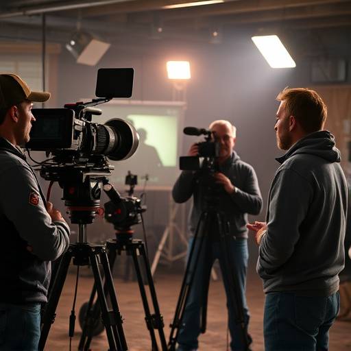 Une équipe de tournage travaillant sur un plateau de cinéma, avec un réalisateur donnant des instructions